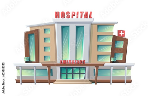 Vector cartoon style hospital building isolated on white background.