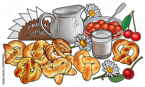 Buns, flowers, milk, napkins, berries hand drawn vector doodle illustration.
