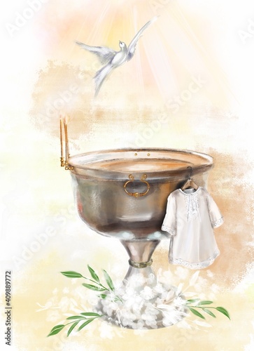 Fotografia illustration a metal font in a church for the baptism of children and a white baptismal shirt
