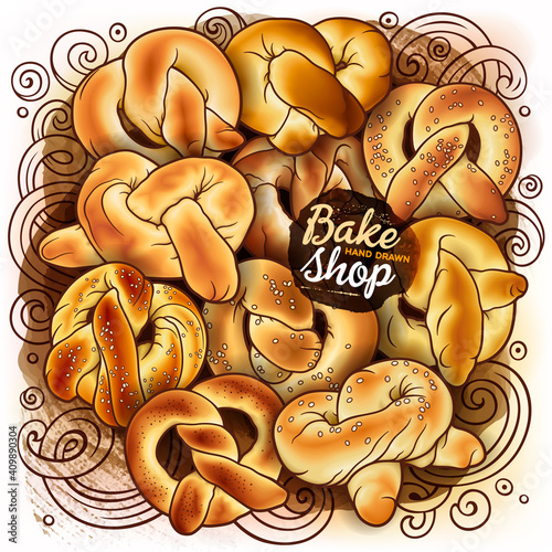 Buns and pastries hand drawn vector doodle illustration.