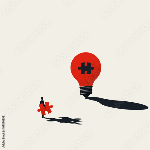 Business creativity vector concept. Finishing lightbulb with jigsaw puzzle. Symbol of inspiration, creative thinking.