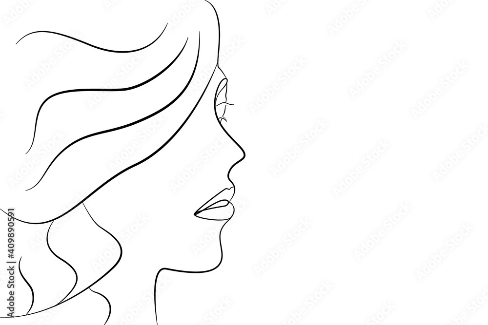 Linear portrait of a woman with thick hair in profile. The isolated drawing is suitable for a business card of a hairdressing salon. Vector illustration. Linear portrait of a woman with thick hair in profile. The isolated drawing is suitable for a business card of a hairdressing salon. Vector illustration.