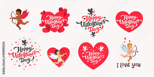 happy Valentine's day vector set. Love day quotes and lettering with hearts and cupids white background. Vector illustration.