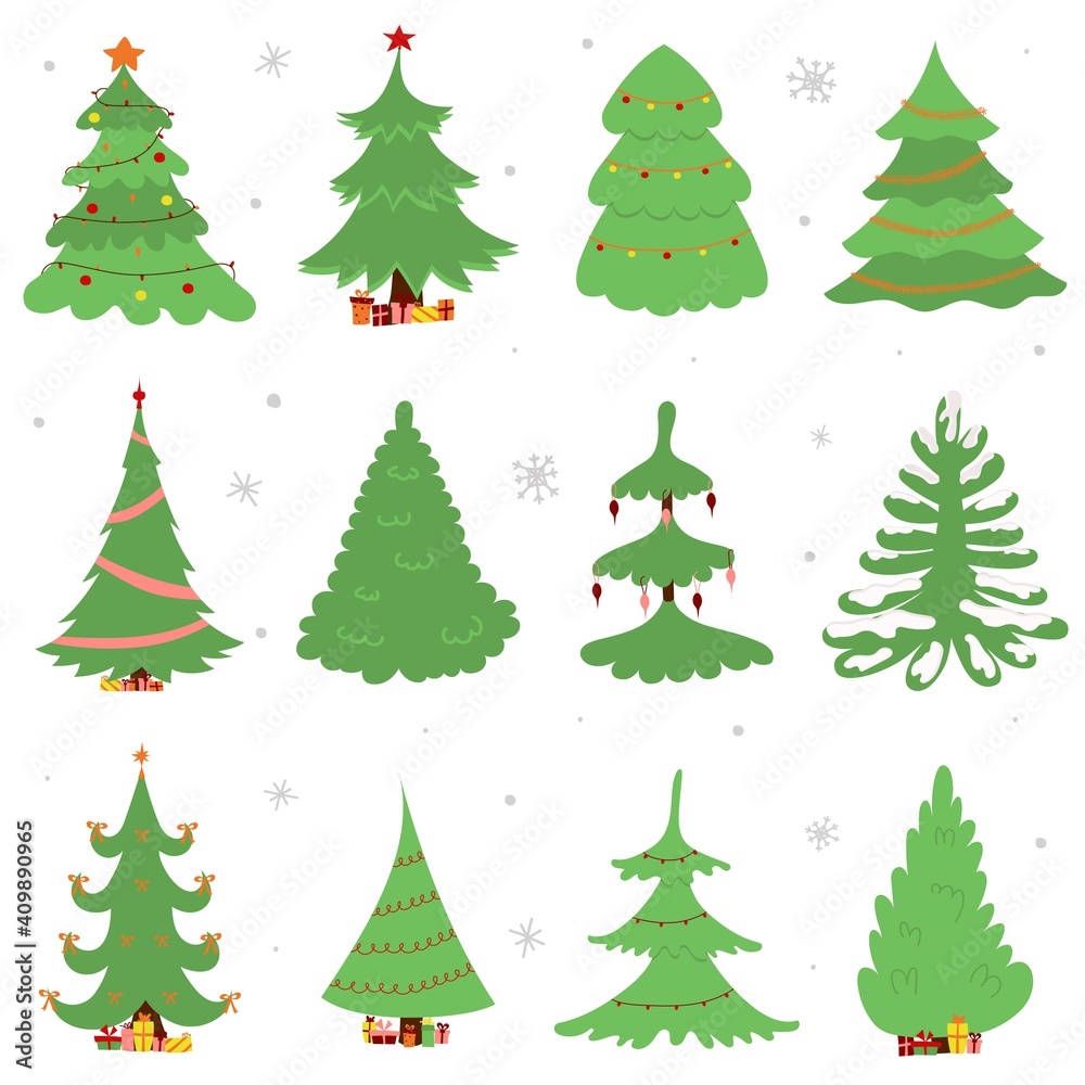Vector illustration for Christmas. Set of various Christmas trees with decorations