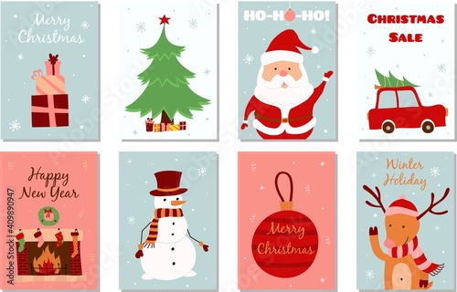 Vector set of Christmas posters with characters and elements of the winter festival