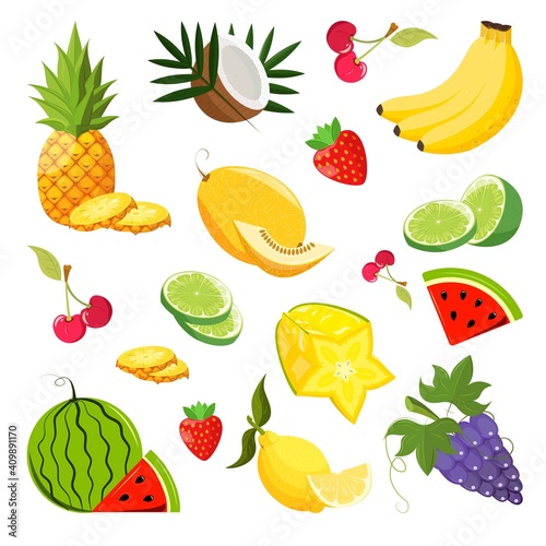 Vector illustration of a set of summer fruits. Bananas, watermelon, strawberries, grapes and other berries in composition.