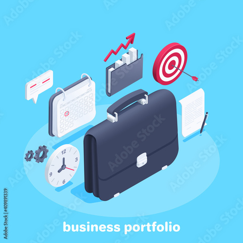 isometric vector illustration on blue background, business briefcase with calendar and clock, business success and goal achievement