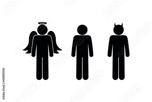 angel and devil illustration, isolated pictograms of people, stick figure human silhouette