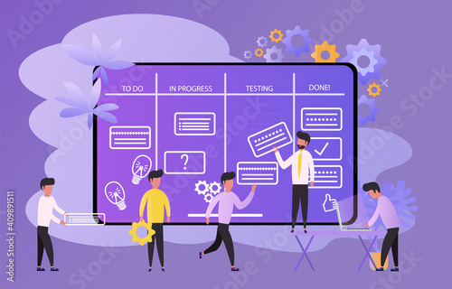 Large board and workers move cards on the kanban board. Communication, work, help, support, interaction, business, project management 