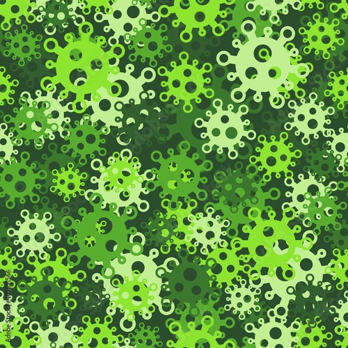 Coronavirus seamless pattern. Virus green particles on a dark green background