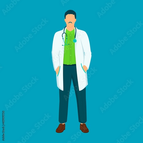 Vector illustration of an isolated young male intern. The character physician studies the medical history to make a diagnosis.