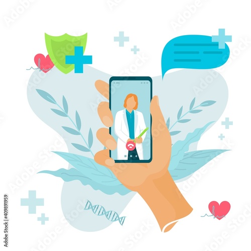 Online Doctor. Vector illustration 
the concept of modern medicine with technology. The call of the family doctor by video link.