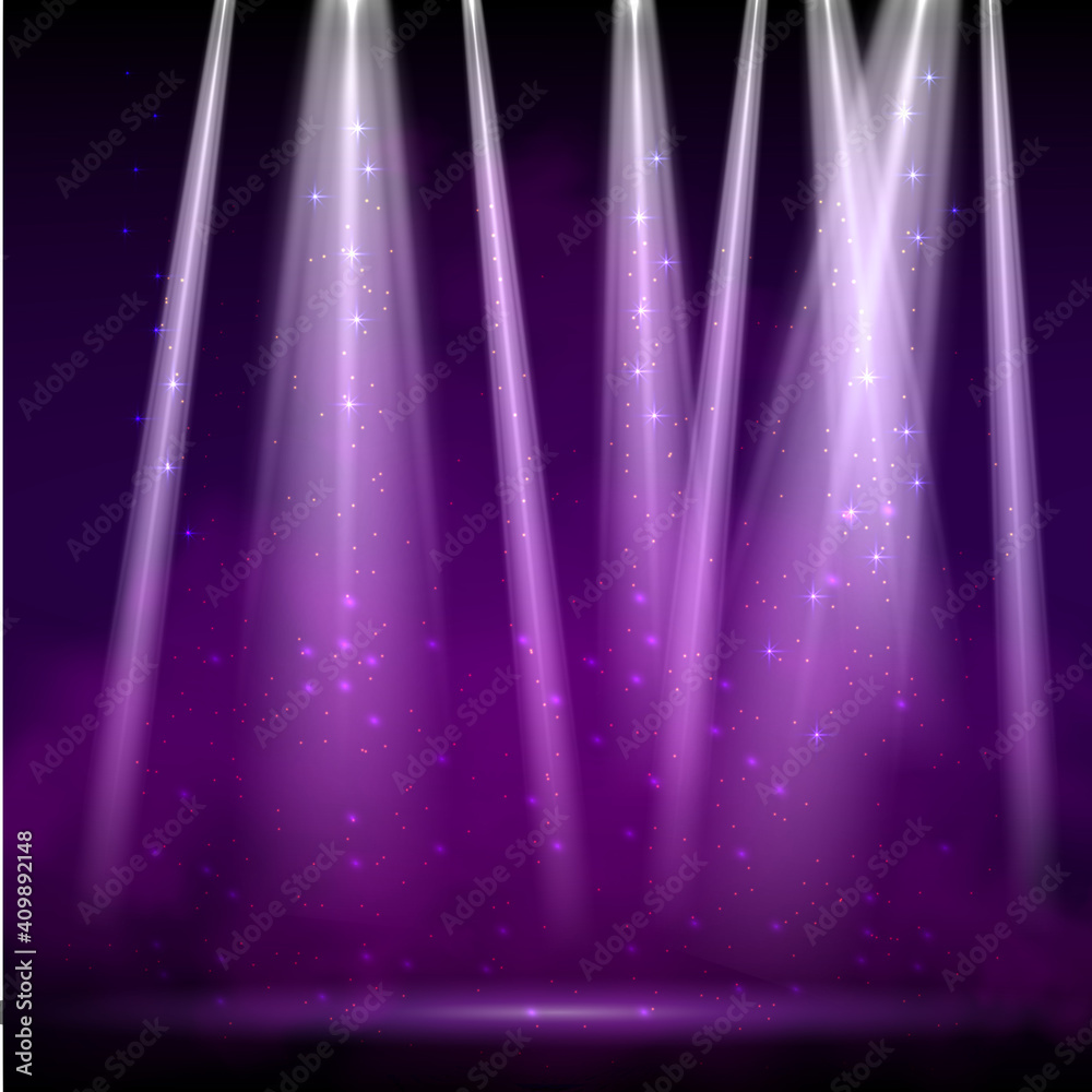 Purple spotlight. Bright lighting with spotlights of the stage with purple ducst on transparent background.