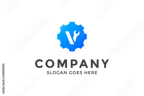 Letter V and construction logo design.Letter V wrench logo  template.
