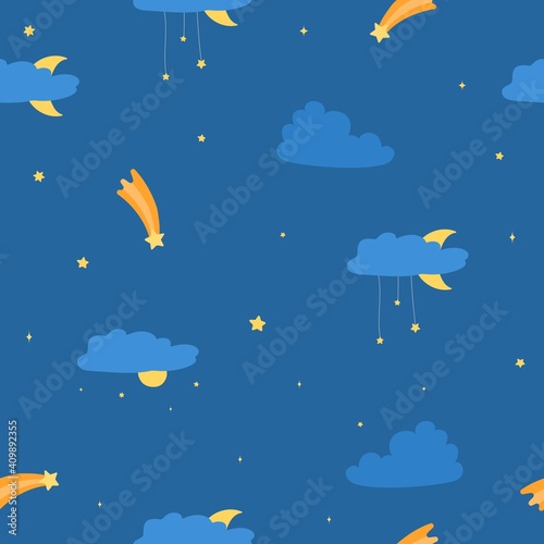 Vector pattern with stars and moon at night. Complex infinity print with cute elements of the night sky. Astronomical illustration.