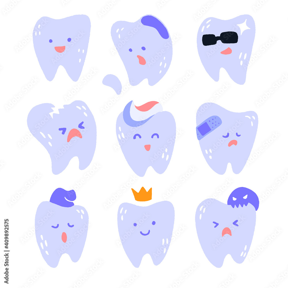 Obraz premium Cute tooth set. Hand drawn cartoon characters with different emotions.