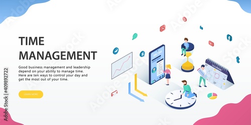 Vector illustration of characters engaged in the distribution of working time. Concept with people on the theme of time management. Various objects related to the passage of time. 