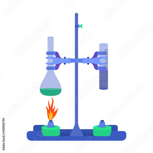 Vector illustration of a laboratory tripod with glass flasks under fire. Isolated object on white background.