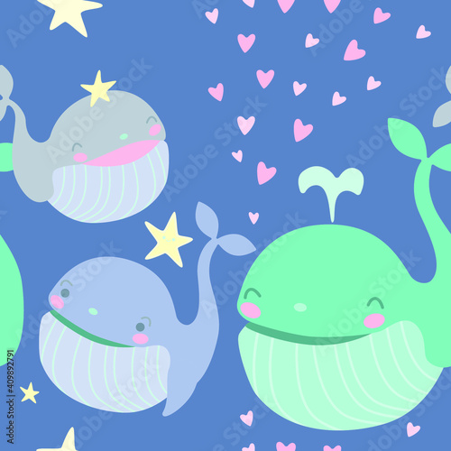 Pattern with whales, sea stars, and hearts. Word Whale Day, World Ocean Day, Happy Valentines Day © Yuliia