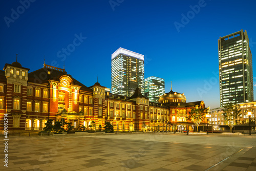 tokyo station in tokyo city, japan at night