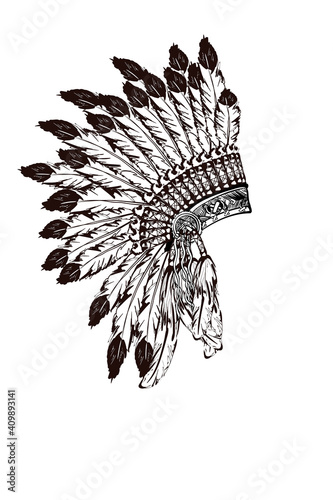 Hand drawing: ancient American Indian head dress. Vector illustration isolated on a white background. Print, poster, T-shirt, postcard