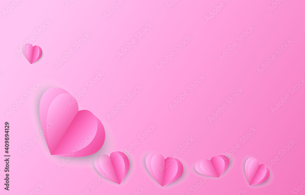 Paper elements in shape of heart flying on pink background. vector symbols of love for Happy Valentine's Day, birthday greeting card design.