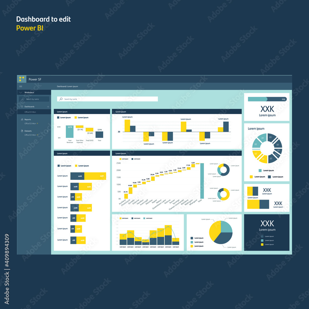 Power bi dashboard design. Data analytics report. Information template ...