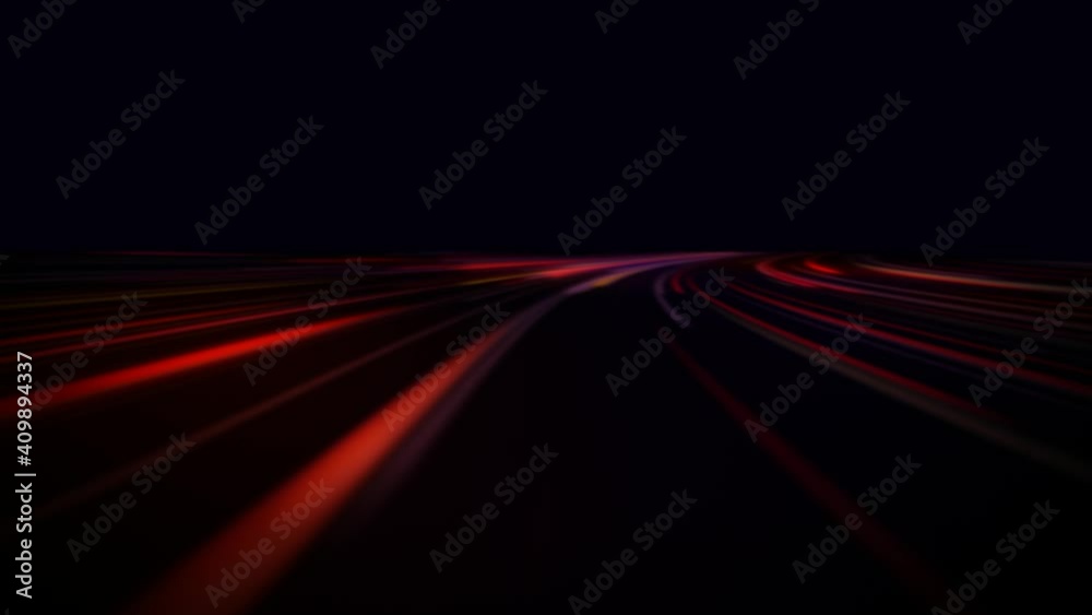 Light and stripes moving fast over dark background and are reflected in the road surface. Technology and science background. 3D render 4k loop animation. City life, urban scene, car light trails