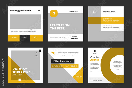 Social media layouts with yellow and dark background, web banners for instagram and facebook