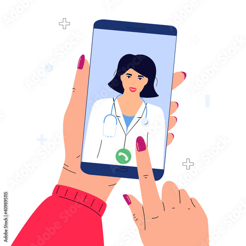 The patient makes a video call to the doctor online. Hands holding smartphone. Telemedicine concept. Medical worker advises a sick person remotely