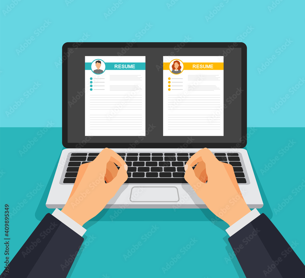 CV application set. Business man and women resume form on laptop display. Search and select professional staff. Recruitment and employment. Job interview concept. Vector illustration. CV application set. Business man and women resume form on laptop display. Search and select professional staff. Recruitment and employment. Job interview concept. Vector illustration.