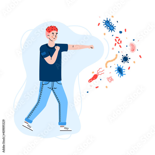 Young man fighting with viruses and bacteria with help healthy and strong immune system. Health habits, vaccination and drugs for strengthened immunity. Flat vector illustration.