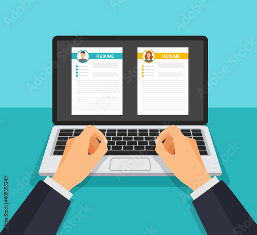 CV application set. Business man and women resume form on laptop display. Search and select professional staff. Recruitment and employment. Job interview concept. Vector illustration.
