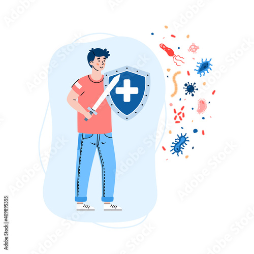 Health and strong immune system. Young man hold sword and shield reflects attack viruses and bacteria. Medical protection and safety, healthy lifestyle. Vector illustration.