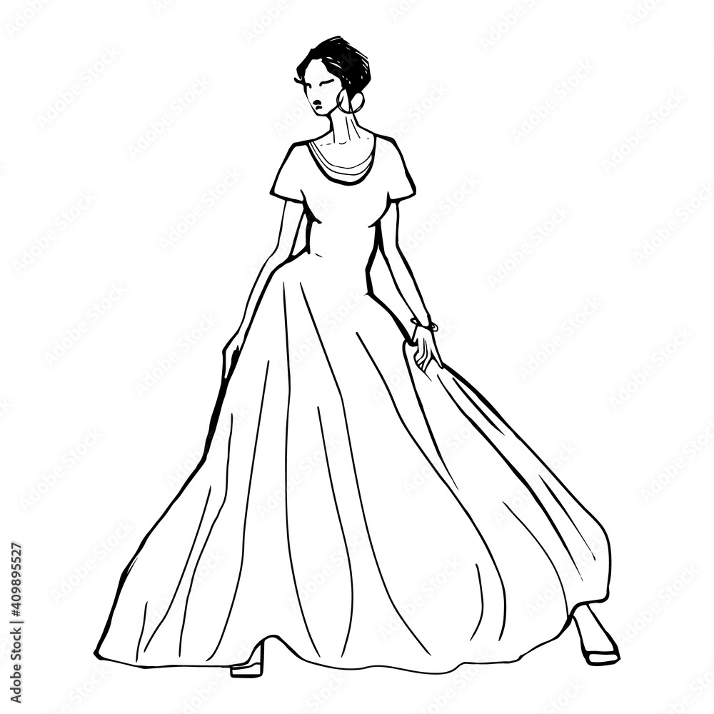 Fashion hand drawn illustration. Vector sketch. Long dress. Bride.
