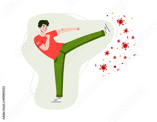 Cartoon character man giving a blow to virus and bacteria, flat vector illustration isolated on white background. Fight and prevention of viral diseases and infections.