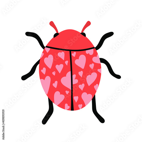 Colourful ladybird. Vector cartoon ladybug sketch with hearts. Cute and lovely lady fly on white background. Lovely insect in red colors.