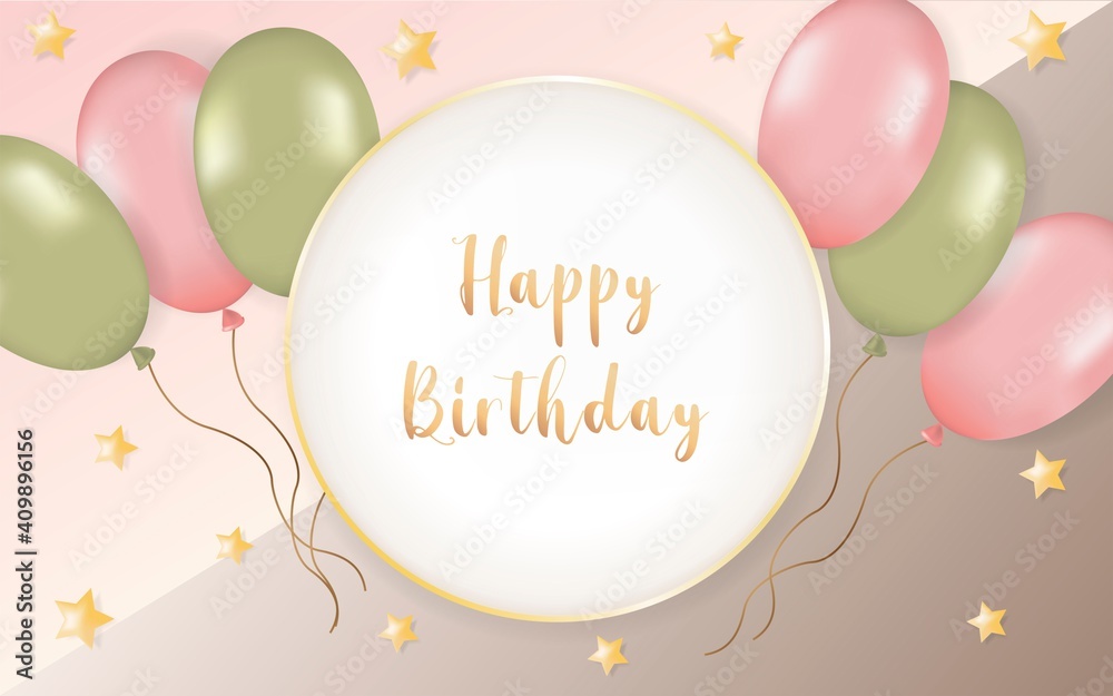 Happy Birthday concept with balloons and stars. Vector design for banners, greeting cards and posters. Template for birthday celebration.
