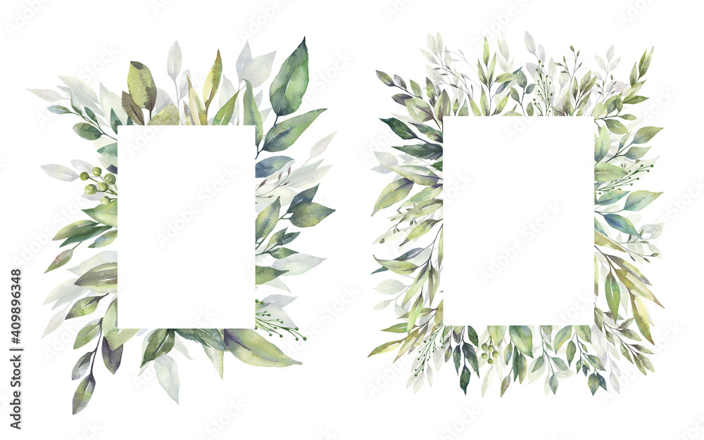 Watercolor floral illustration set - green leaf Frame collection, for wedding stationary, greetings, wallpapers, fashion, background. Eucalyptus, olive, green leaves, etc. High quality illustration - obrazy, fototapety, plakaty 