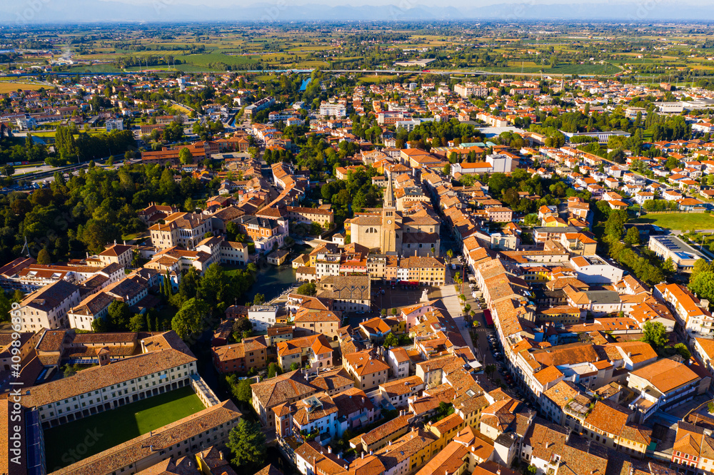 Obraz premium Scenic cityscape from drone of Italian town of Portogruaro in sunny day, Veneto, Italy