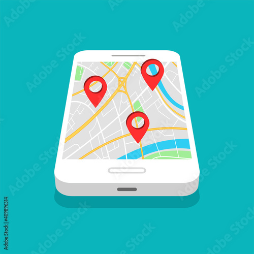 Smartphone with map navigation on a screen. GPS navigator with different pinpoints. Vector illustration.	