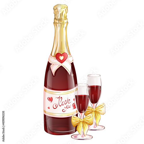 A bottle of red champagne with two glasses decorated with golden bows. Festive vector composition with alcoholic drinks on white background