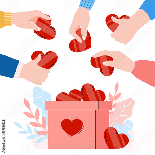 Donation banner or poster with hands putting hearts into donation box, flat cartoon vector illustration isolated on white background. Card for donation ad charity.