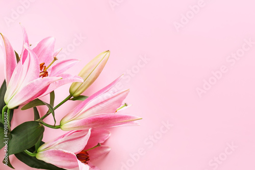 Fotografiet Beautiful lilies on color background