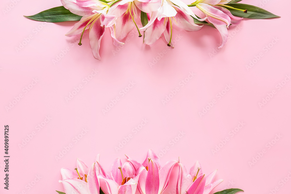 Fototapeta premium Beautiful lilies on color background
