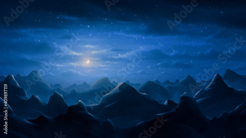 Night background of rocky mountains that stretch to the horizon under the moonlight. Fantasy landscape. Digital painting illustration