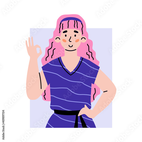 Young smiling woman raising her hand with fingers in OK gesture, flat cartoon vector illustration isolated on white background. Positive cheerful woman character.
