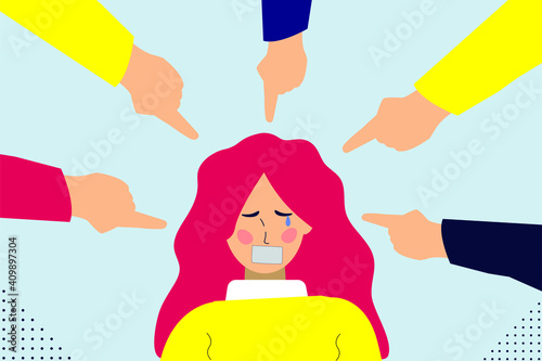 Young children participe in bullying this girl. depressed school girl cries and close her eyes. Woman surrounded by hands pointing their fingers at her. uncomfortable feeling and bullying concept.
