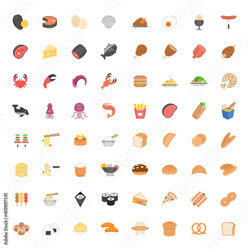 Food icon full color style flat design. 64 Icons.