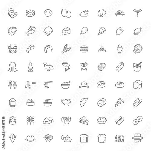 Food icon outline style flat design. 64 Icons.